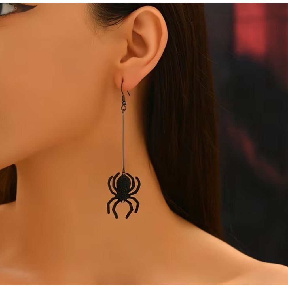 Black Spider Dangle Earrings Long Gothic Halloween Drop Arachnid Jewelry